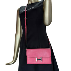HERMES Pink Epsom Constance Wallet Palladium Hardware & Added Strap Hermes
