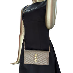 SAINT LAURENT Camel Leather Chevron Cassandra Clutch with Chain Saint Laurent