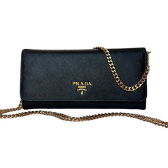 PRADA Black Saffiano Leather Wallet/Card Holder with Chain Prada