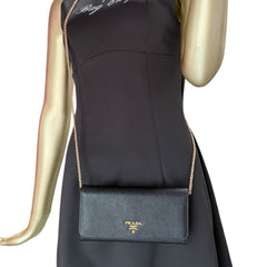 PRADA Black Saffiano Leather Wallet/Card Holder with Chain Prada