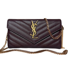 SAINT LAURENT Brown Grain de Poudre Chevron Cassandra YSL Clutch with Chain Saint Laurent