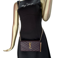 SAINT LAURENT Brown Grain de Poudre Chevron Cassandra YSL Clutch with Chain Saint Laurent