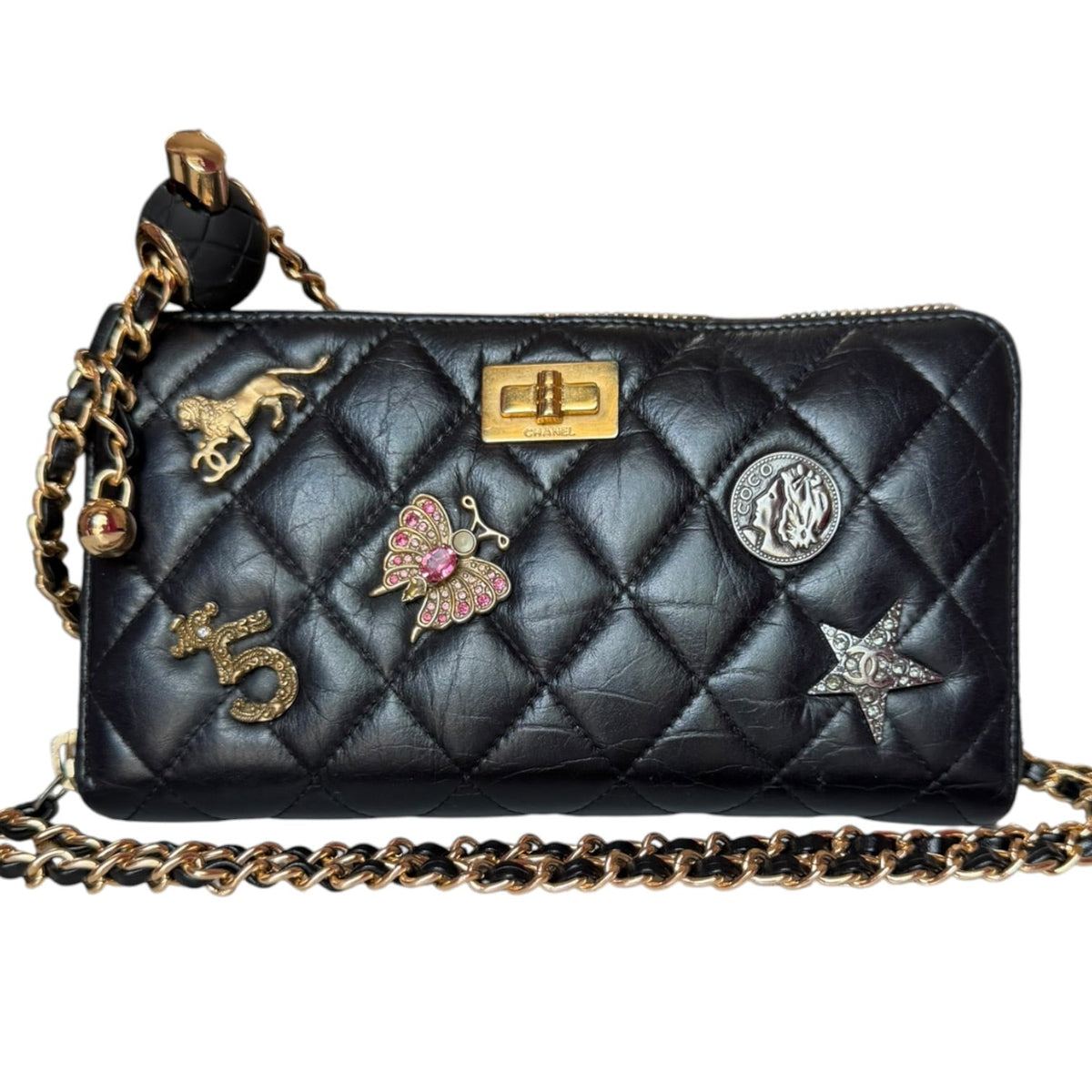CHANEL Black Quilted Leather Lucky Charms 2.55 Reissue Zip Wallet Chanel