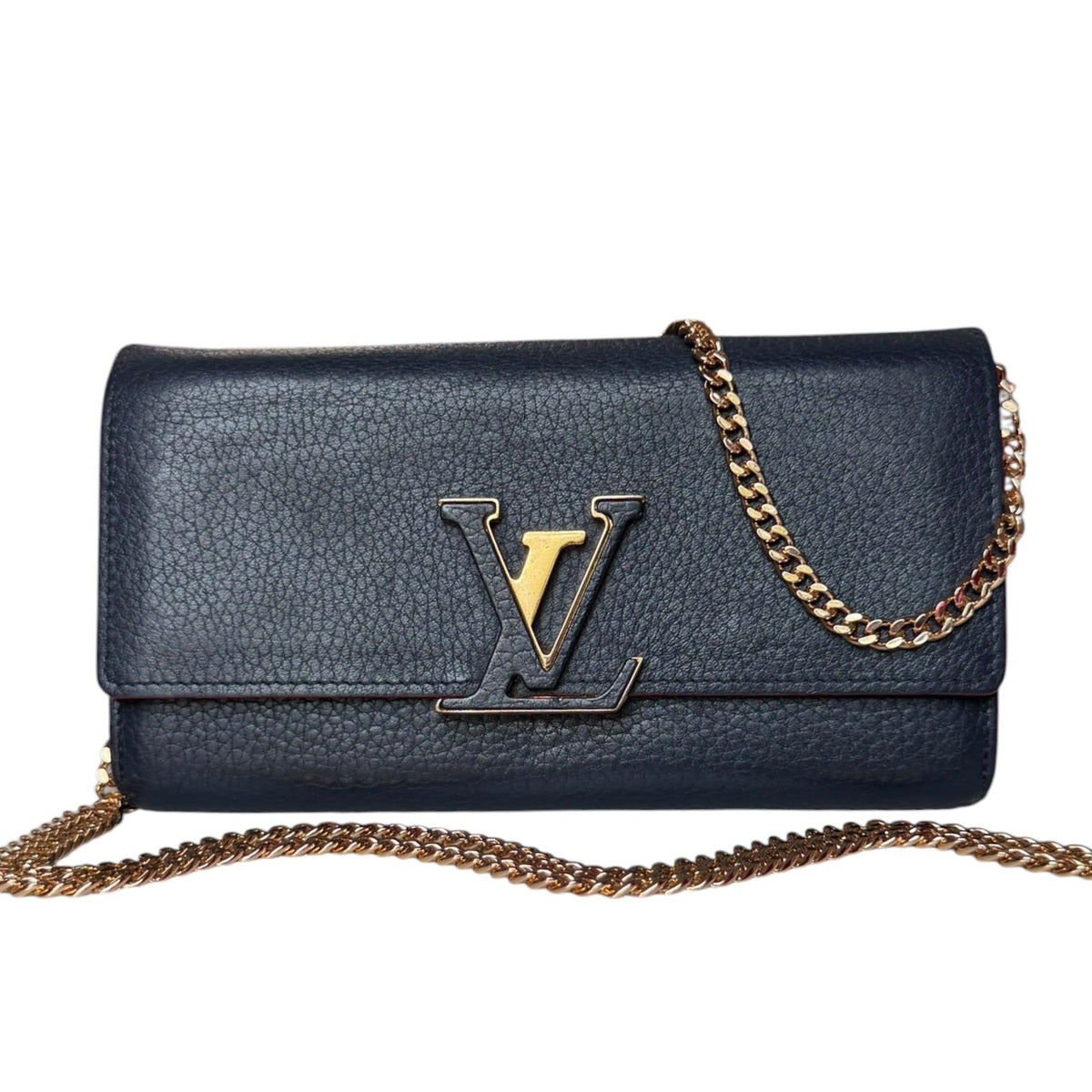 LOUIS VUITTON Navy Blue & Red Taurillon Capucines Leather Wallet with Chain Louis Vuitton