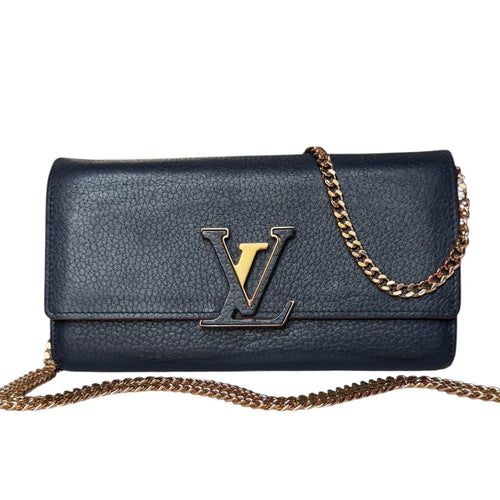 LOUIS VUITTON Navy Blue & Red Taurillon Capucines Leather Wallet with Chain Louis Vuitton