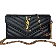 SAINT LAURENT Black Grained Leather Chevron Cassandra Clutch with Chain/Tassel Saint Laurent