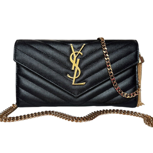 SAINT LAURENT Black Grained Leather Chevron Cassandra Clutch with Chain/Tassel Saint Laurent