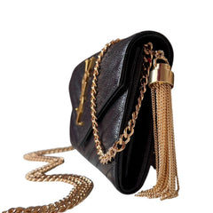 SAINT LAURENT Black Grained Leather Chevron Cassandra Clutch with Chain/Tassel Saint Laurent