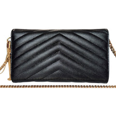 SAINT LAURENT Black Grained Leather Chevron Cassandra Clutch with Chain/Tassel Saint Laurent