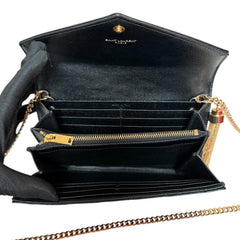 SAINT LAURENT Black Grained Leather Chevron Cassandra Clutch with Chain/Tassel Saint Laurent