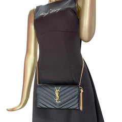 SAINT LAURENT Black Grained Leather Chevron Cassandra Clutch with Chain/Tassel Saint Laurent
