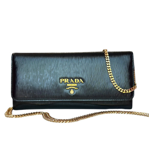 PRADA Black Vitello Move Leather Wallet/Card Holder with Added Chain Prada