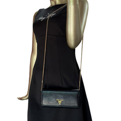 PRADA Black Vitello Move Leather Wallet/Card Holder with Added Chain Prada