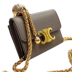 CELINE Taupe Leather Compact Trifold Wallet/Card Holder with Adjustable Chain Celine