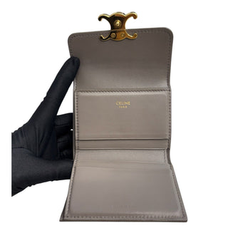 CELINE Taupe Leather Compact Trifold Wallet/Card Holder with Adjustable Chain Celine