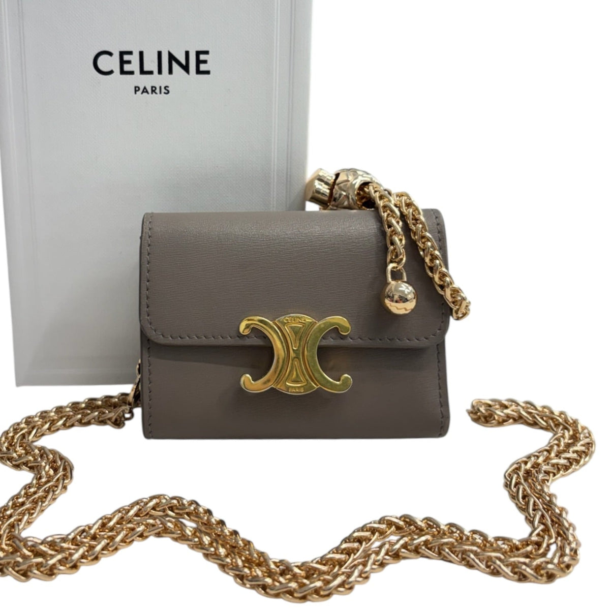 CELINE Taupe Leather Compact Trifold Wallet/Card Holder with Adjustable Chain Celine
