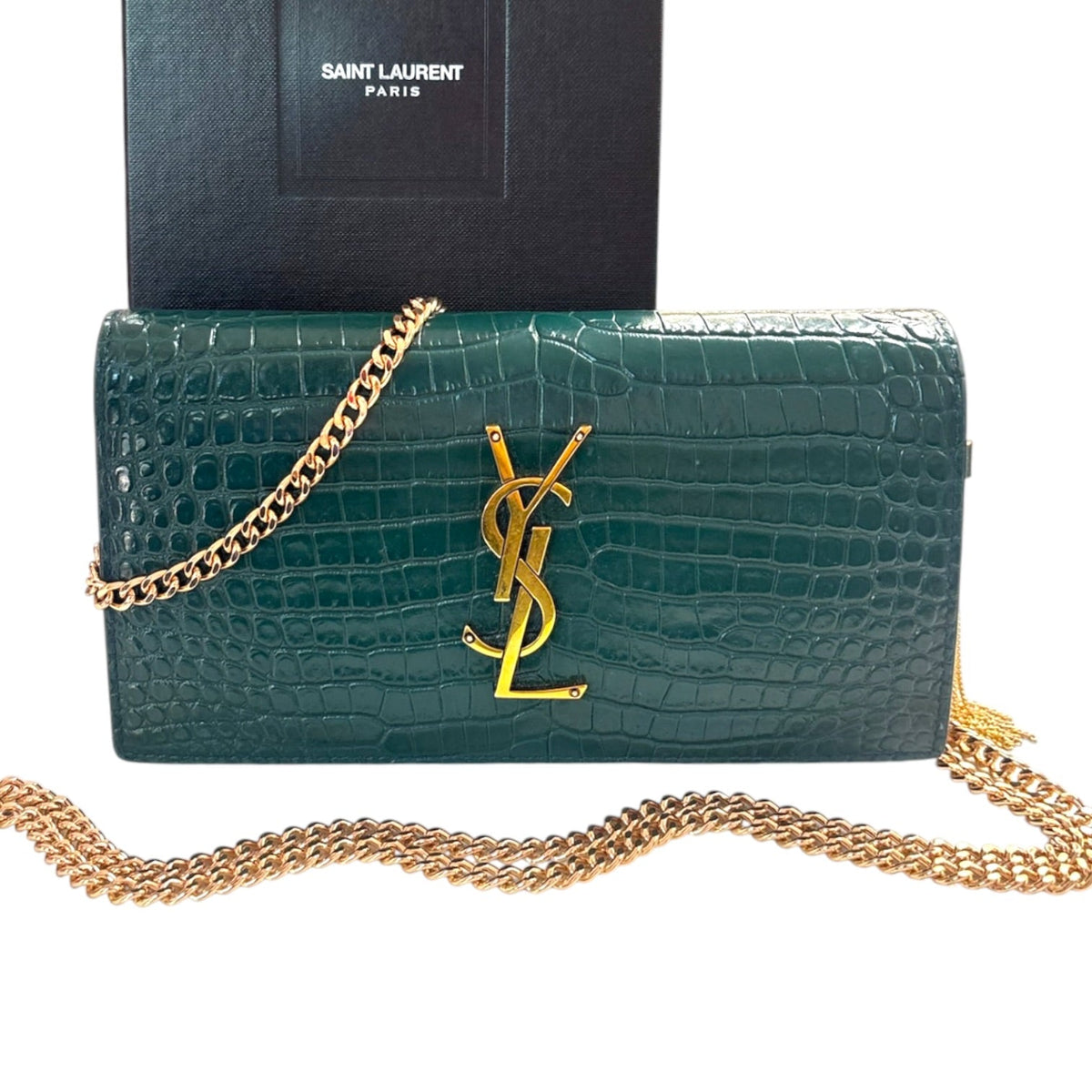 SAINT LAURENT Green Croc Embossed Mary Kate YSL Clutch with Chain/Tassel Saint Laurent