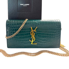 SAINT LAURENT Green Croc Embossed Mary Kate YSL Clutch with Chain/Tassel Saint Laurent