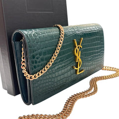 SAINT LAURENT Green Croc Embossed Mary Kate YSL Clutch with Chain/Tassel Saint Laurent