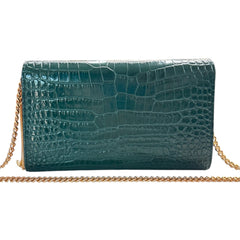 SAINT LAURENT Green Croc Embossed Mary Kate YSL Clutch with Chain/Tassel Saint Laurent