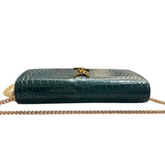 SAINT LAURENT Green Croc Embossed Mary Kate YSL Clutch with Chain/Tassel Saint Laurent