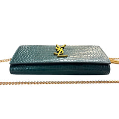 SAINT LAURENT Green Croc Embossed Mary Kate YSL Clutch with Chain/Tassel Saint Laurent