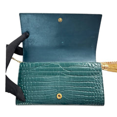 SAINT LAURENT Green Croc Embossed Mary Kate YSL Clutch with Chain/Tassel Saint Laurent
