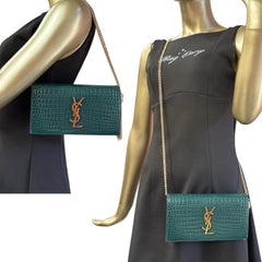 SAINT LAURENT Green Croc Embossed Mary Kate YSL Clutch with Chain/Tassel Saint Laurent