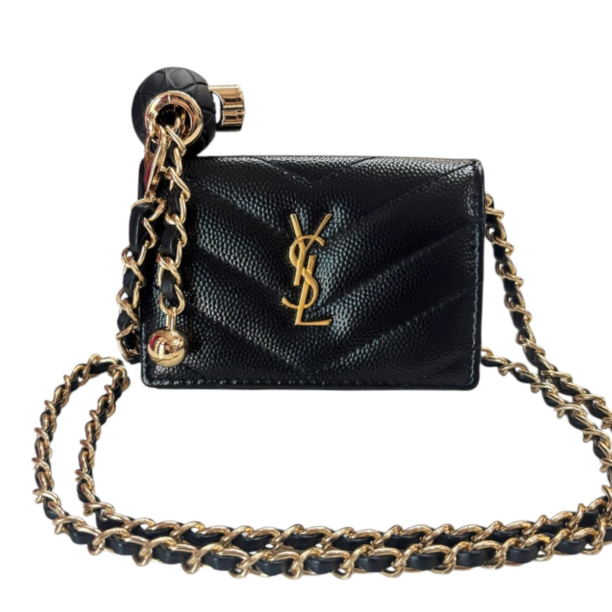 SAINT LAURENT Black Leather YSL Compact Trifold Wallet with Adjustable Chain Saint Laurent