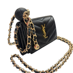 SAINT LAURENT Black Leather YSL Compact Trifold Wallet with Adjustable Chain Saint Laurent