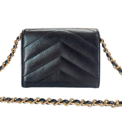 SAINT LAURENT Black Leather YSL Compact Trifold Wallet with Adjustable Chain Saint Laurent