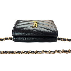 SAINT LAURENT Black Leather YSL Compact Trifold Wallet with Adjustable Chain Saint Laurent