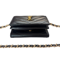 SAINT LAURENT Black Leather YSL Compact Trifold Wallet with Adjustable Chain Saint Laurent