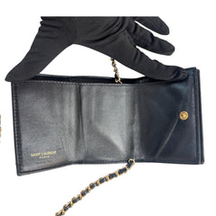 SAINT LAURENT Black Leather YSL Compact Trifold Wallet with Adjustable Chain Saint Laurent