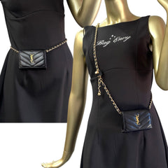 SAINT LAURENT Black Leather YSL Compact Trifold Wallet with Adjustable Chain Saint Laurent