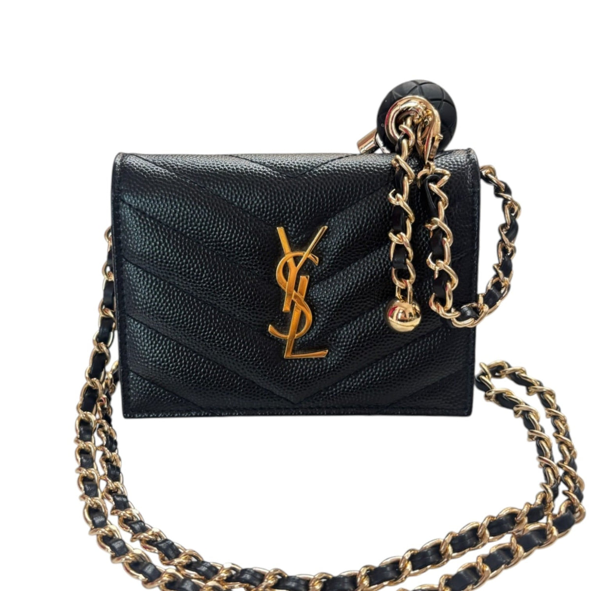 SAINT LAURENT Black Leather YSL Compact Wallet with Adjustable Chain Saint Laurent