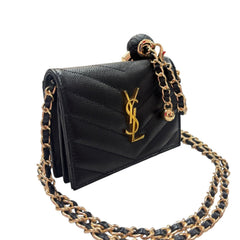 SAINT LAURENT Black Leather YSL Compact Wallet with Adjustable Chain Saint Laurent