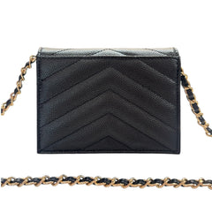 SAINT LAURENT Black Leather YSL Compact Wallet with Adjustable Chain Saint Laurent