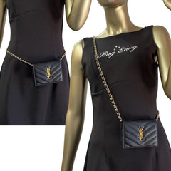 SAINT LAURENT Black Leather YSL Compact Wallet with Adjustable Chain Saint Laurent