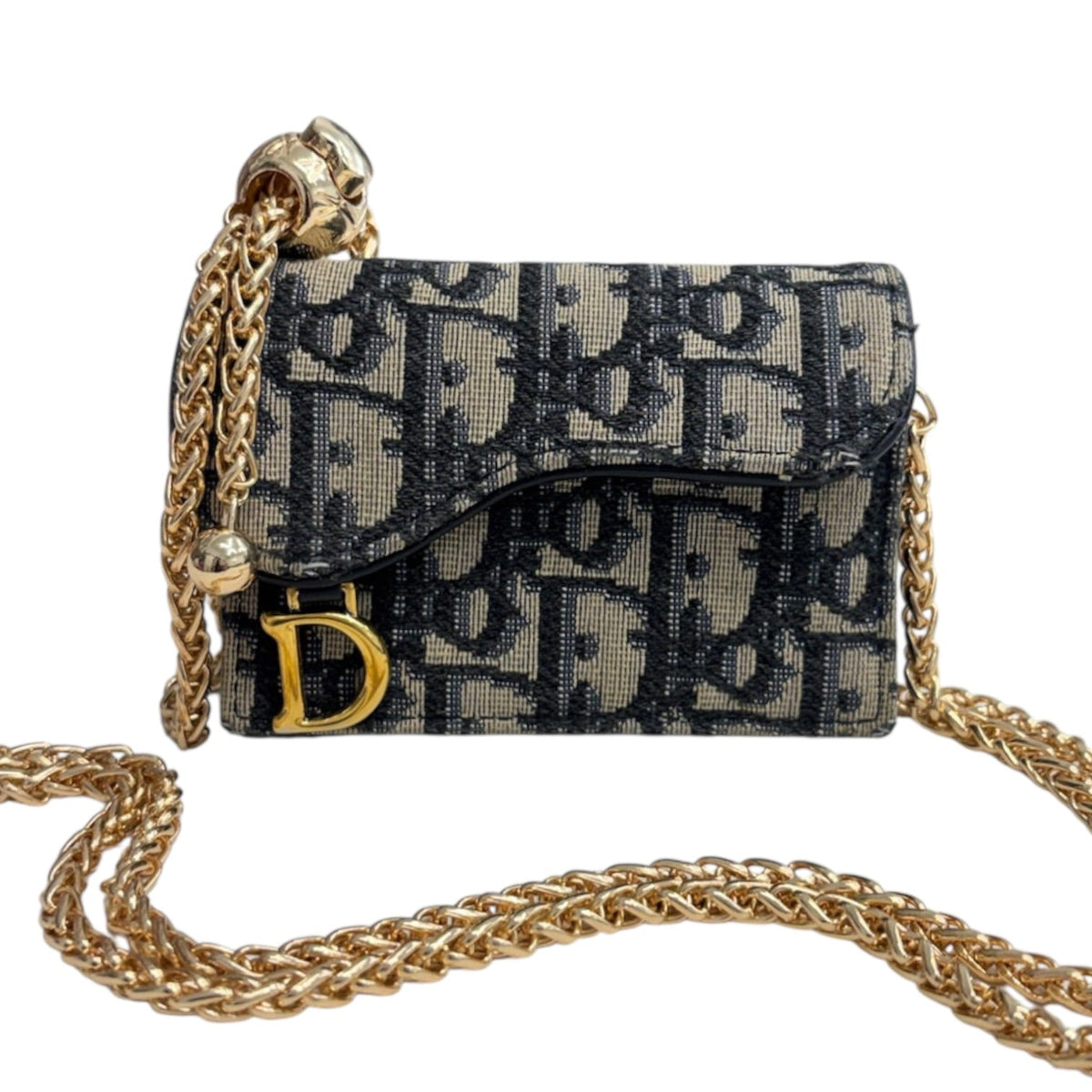 DIOR Navy Oblique Compact Saddle Card Case with Adjustable Chain Dior