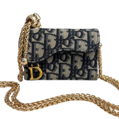 DIOR Navy Oblique Compact Saddle Card Case with Adjustable Chain Dior