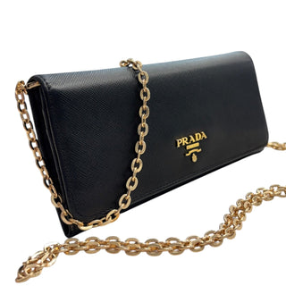 PRADA Black Saffiano Leather Wallet with Chain Prada