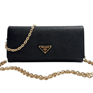 PRADA Black Saffiano Leather Triangle Wallet/Card Holder with Chain Prada