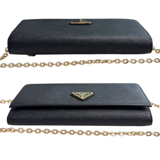 PRADA Black Saffiano Leather Triangle Wallet/Card Holder with Chain Prada