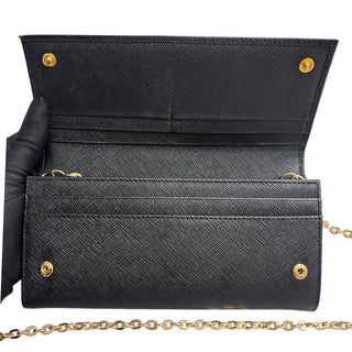 PRADA Black Saffiano Leather Triangle Wallet/Card Holder with Chain Prada