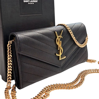 SAINT LAURENT Black Grained Leather Chevron Cassandra Clutch with Chain/Tassel Saint Laurent