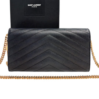 SAINT LAURENT Black Grained Leather Chevron Cassandra Clutch with Chain/Tassel Saint Laurent