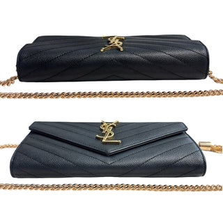 SAINT LAURENT Black Grained Leather Chevron Cassandra Clutch with Chain/Tassel Saint Laurent