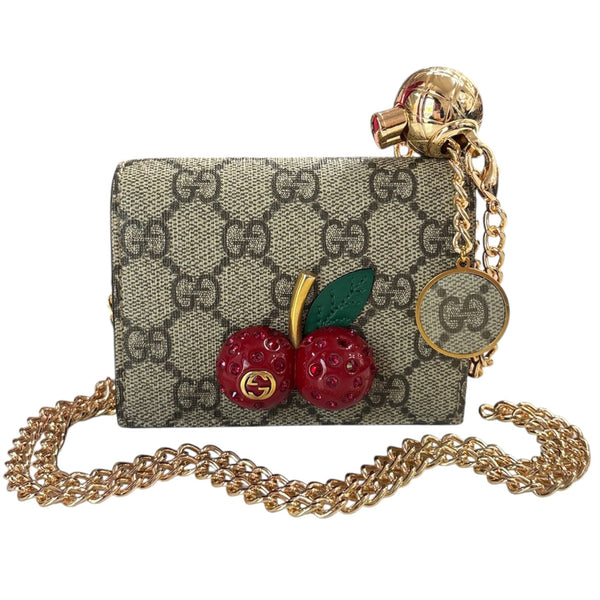 GUCCI GG Supreme Cherry Compact Wallet with Adjustable Chain Gucci