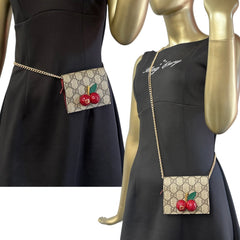 GUCCI GG Supreme Cherry Compact Wallet with Adjustable Chain Gucci
